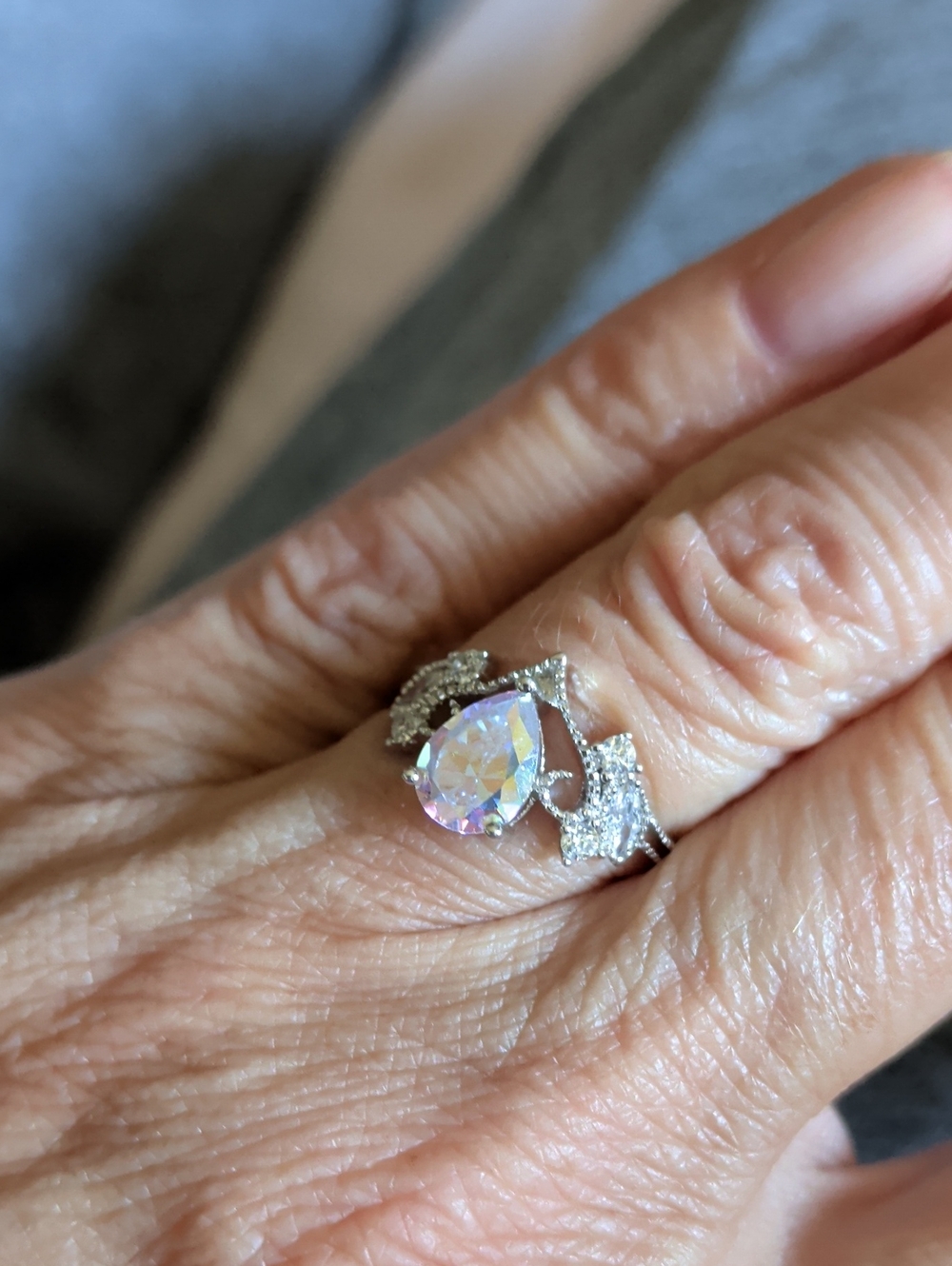 Sterling Silver Pear-Cut Aurora Crystal Ring - White